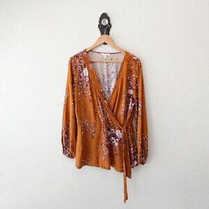 Maurices Floral Wrap Top 0X Plus Boho Peplum Tie Waist Long Sleeve Rust